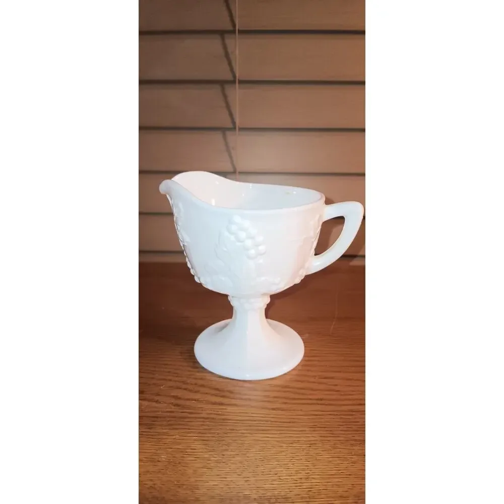 Indiana Glass~Colony Harvest Grape~Milk Glass~Footed Creamer~4”H~Vintage/1950’s